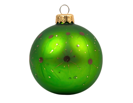 Shiny green Christmas ornament with gold cap and brown starbursts, isolated