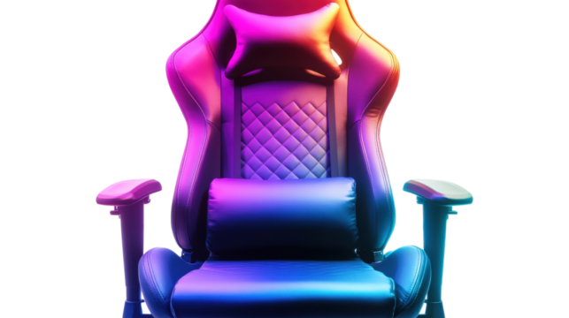Black gaming chair with neon lighting isolated on a transparent background