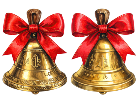 Two ornate golden bells with decorative bows, against a black background