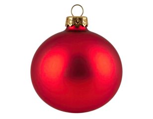 A close-up of a vibrant red, reflective, Christmas bauble with a golden top