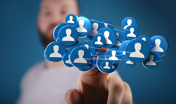 Close up of a hand interacting with a network of social media icons. Concepts of connection, communication, and digital world. - Powered by Adobe