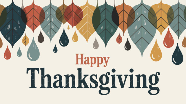 Happy thanksgiving greeting with falling autumn leaves and raindrops in warm earthy tones