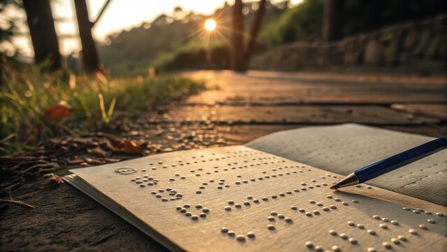 Braille book with embossed letters illuminated by sunlight