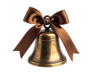 Bronze bell tied with a brown satin ribbon bow against a black background