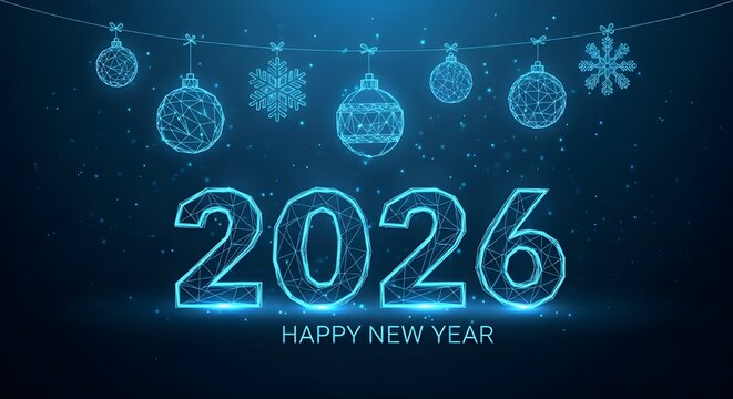 Futuristic glowing neon 2026 happy new year greeting with digital holiday ornaments and bokeh lights