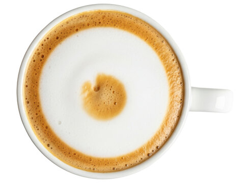 Overhead view of a white cup of coffee with creamy latte art foam
