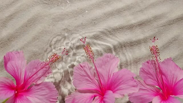 Delicate pink hibiscus surrounded by crystal clear water, white sand enhancing scenery, slow motion droplets fall and create rippling effects gracefully