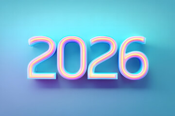 The year 2026 illuminated in vibrant neon colors, casting shadows on a serene blue background. The digits appear as if sculpted from glowing light, creating a modern and futuristic aesthetic. 