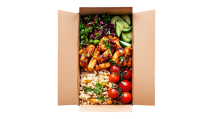 Chicken meal box with rice and vegetables isolated on a transparent background