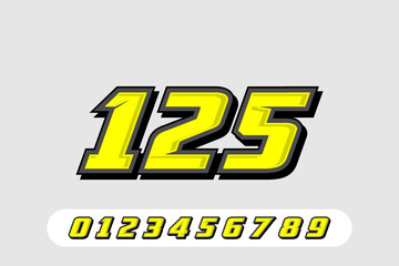 Bold Yellow Racing Number 125 with Outline and Shadow Effect EPS 10