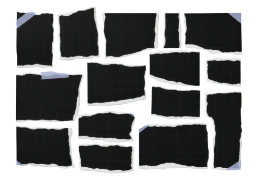 Collection of black torn paper pieces isolated on transparent background