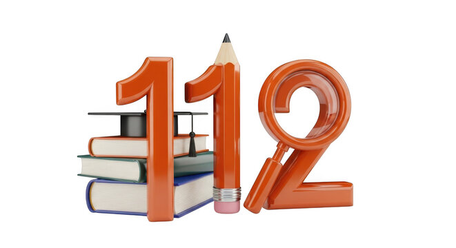 Orange 3D Numbers 112 With Stacked Books Graduation Cap Pencil And Magnifying Glass education learning isolated on a transparent background