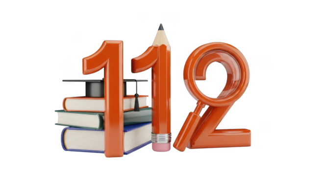 Orange 3D Numbers 112 With Stacked Books Graduation Cap Pencil And Magnifying Glass education learning isolated on a transparent background