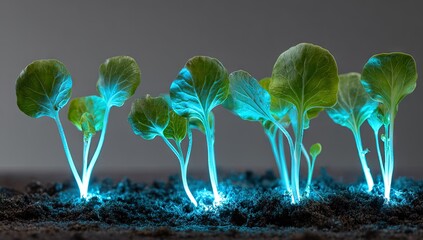 Luminous plants glowing with blue light scientific and botanical concept