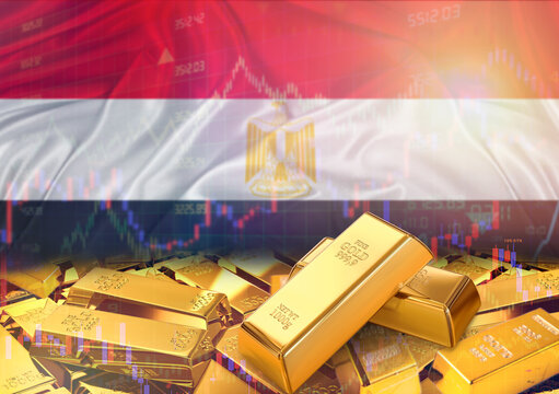 Gold bars on Egypt flag in background. Gold bars stacked on Egyptian flag. Concept of Egypt gold reserves
