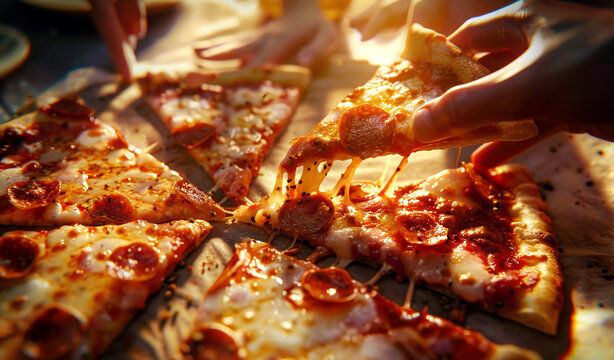 Hands Grabbing Slices of Pepperoni Pizza in Warm Light