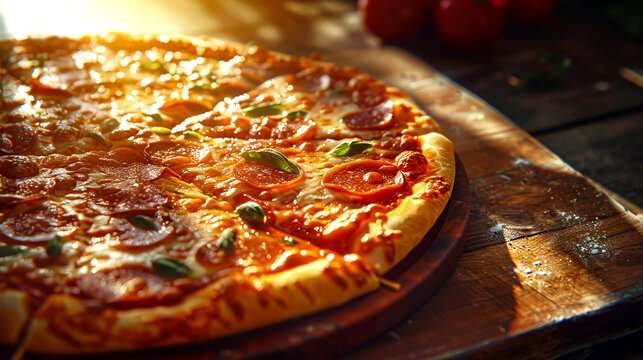 Pepperoni Pizza on Wooden Table with Sunlight