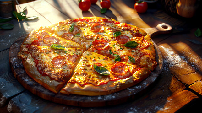 Pepperoni Pizza with Fresh Basil on Wooden Table