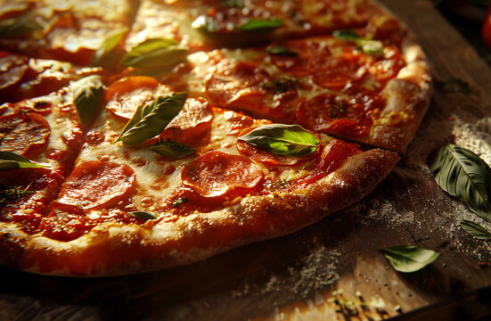 Pepperoni Pizza with Fresh Basil on Wooden Board