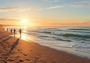 Silhouettes of people jogging along a beautiful sandy beach coastline with golden hour ocean waves at sunset.