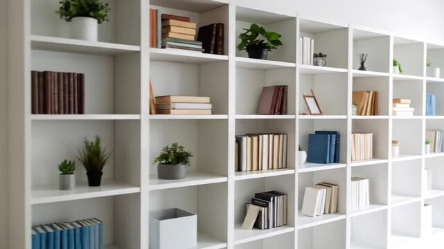 White bookshelf with books  decor.