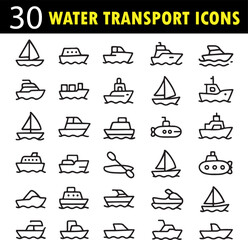 Water Transport Vector Icon Set | Marine Travel, Ships, Boats, and Nautical Outline Collection