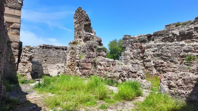 intricate structures of Roman baths, remnants of Thermae, situated in picturesque Side, Turkey, reflecting architectural legacy of Roman Empire