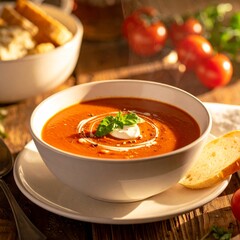 クリーム色の冬の光に包まれたキッチンで、トマトスープの湯気が立ち上り、横にはパンが添えられている。やわらかな黄金のハイライトが、家庭的で温かな空気を演出。