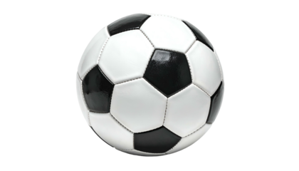 Classic black and white paneled sphere floats against a solid dark background