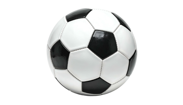 Classic black and white paneled sphere floats against a solid dark background