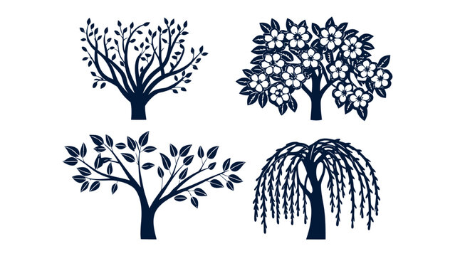 Tree silhouette Illustration: Showcasing a collection of intricately designed tree silhouettes, offering versatility for various creative projects.
