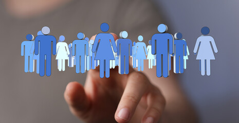 A hand touching group of digital people icons, representing concepts like community, teamwork, and social connection. Ideal for illustrating col