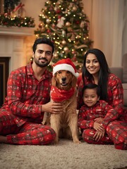 Fototapeta premium Happy family in matching Christmas pajamas with dog by decorated Christmas tree