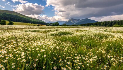 Meadow filled with daisies under cloudy sky, mountains faintly visible in the distance, serene green hills behind