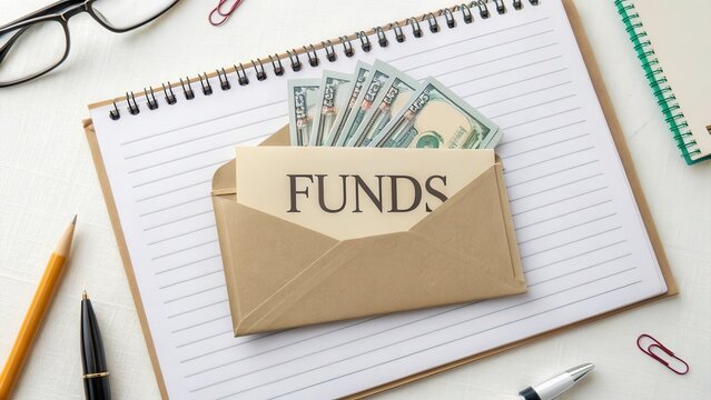 Cash envelope with funds lying on a spiral notebook