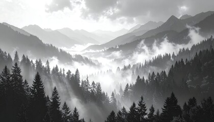 Misty mountains pierce the sky; pines stand shrouded in fog, creating a grayscale forest vista