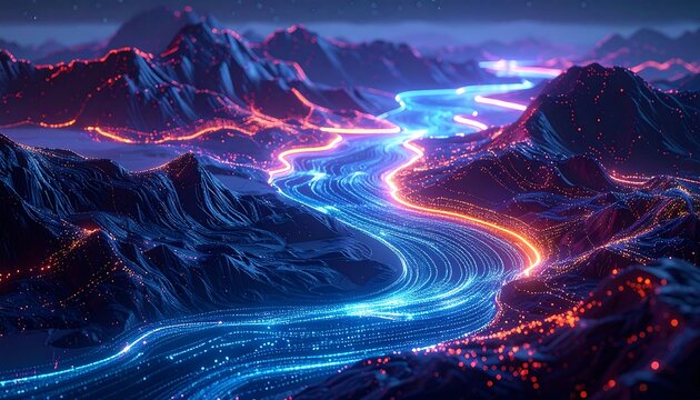 Mountainous landscape with glowing river and neon lights, creating a futuristic and vibrant scenic vista