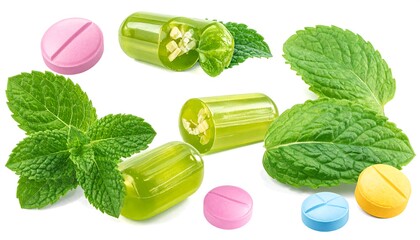 Mint leaves & medicine green candy halves show white filling, various colored pills
