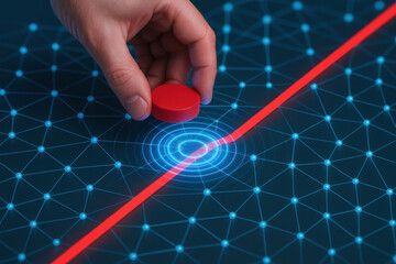 Hand placing red token on digital network with glowing blue nodes and red line symbolizing finance budget forecast for 2026 planning and strategy