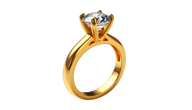 Solitaire gemstone set in a polished gold band rests against a dark background