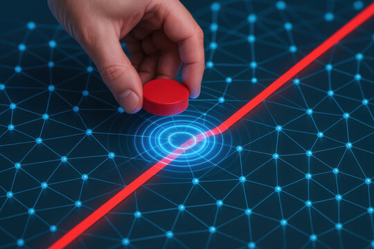 Hand placing red token on digital network with glowing blue nodes and red line symbolizing finance budget forecast for 2026 planning and strategy