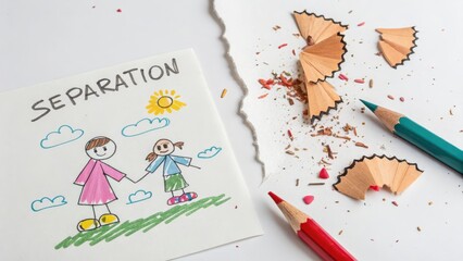 Childs drawing torn in half illustrating separation concept