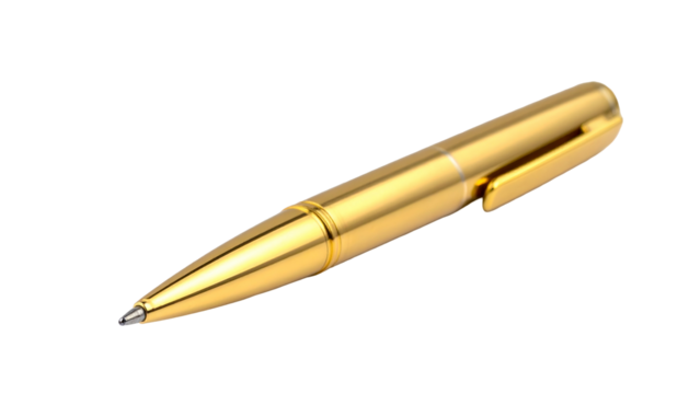 Metallic golden ballpoint writing instrument resting against a solid black background - Powered by Adobe
