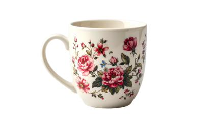 Ceramic drinking vessel adorned with a detailed floral pattern rests against a solid dark background