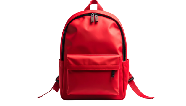 Bright red backpack with zipper closures presented against a solid black background - Powered by Adobe