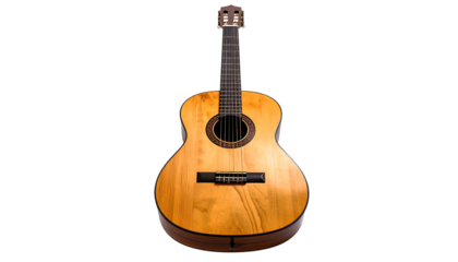 Traditional acoustic stringed musical instrument displays its polished wooden body against a dark background