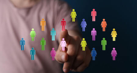 Hand pointing at people icons. Teamwork and unity concept. Human resource management and...