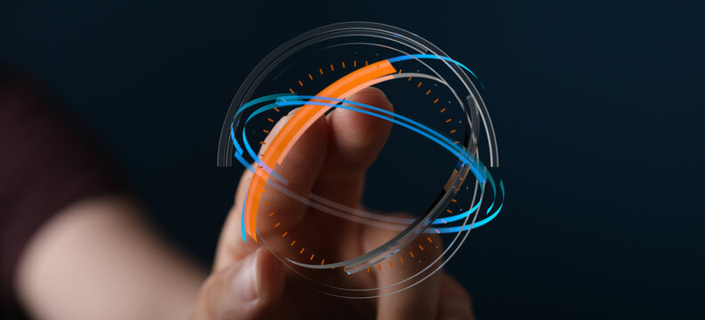 Close-up of a hand interacting with a digital sphere interface, representing technology, innovation, and futuristic concepts. Perfect