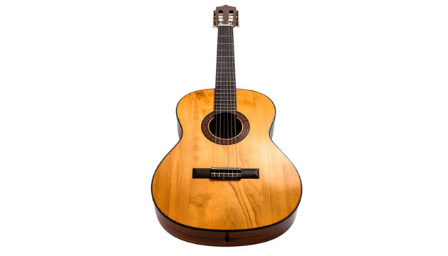 Traditional acoustic stringed musical instrument displays its polished wooden body against a dark background