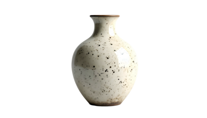 Ceramic vessel with speckled glaze illuminated against a solid black background